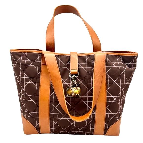 Lilly Pulitzer Off The Wagon Quilted Tote Brown Tan Leather Trim Shoulder Bag - Picture 1 of 10